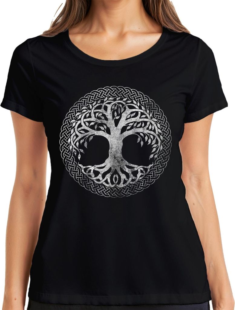Keltischer Lebensbaum Knoten Ornament Yggdrasil Druide Mystisch Damen T-Shirt, Schwarz, XL
