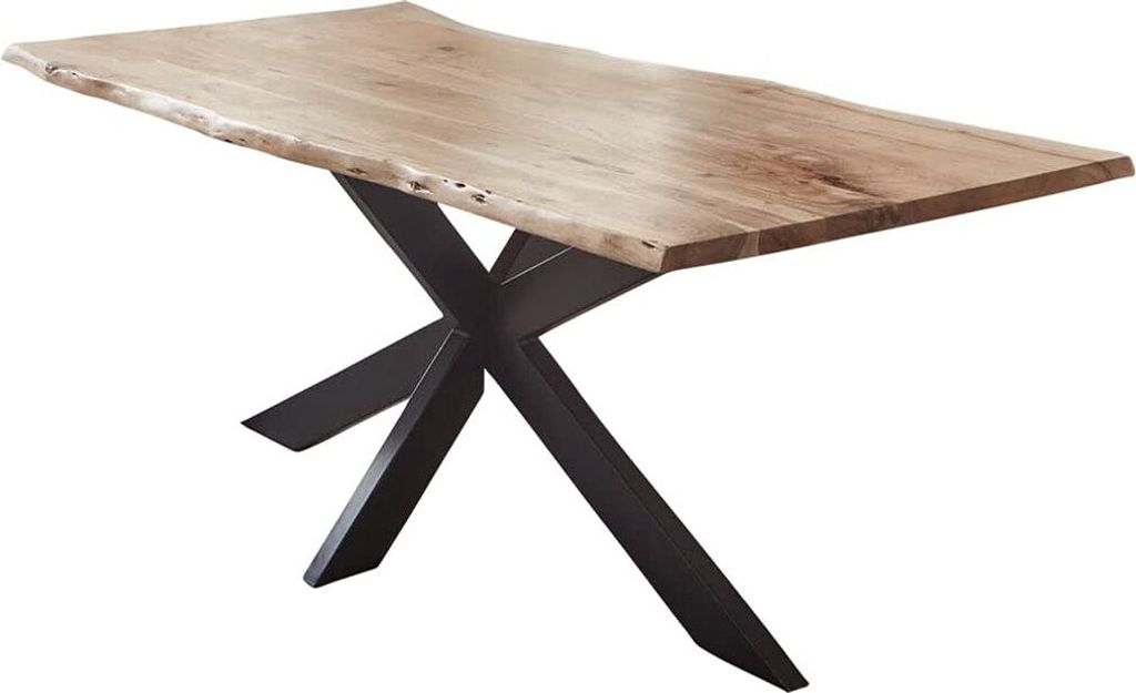 Esstisch 280x100cm Salerno, Akazienholz naturfarben + massiv + lackiert, echte Baumkante, Baumkantentisch, Spider-Metallgestell Schwarz, Esszimmert...