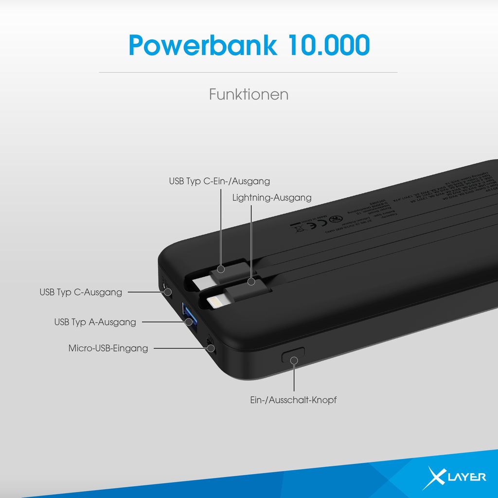 A close-up view of a black power bank with integrated cables and ports, with labels pointing to each feature.