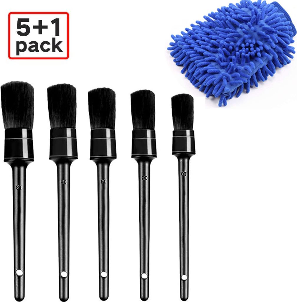 6pcs Detailing Brush Set 5 verschiedene Größen Auto Detail Kit mit em Auto Wash Mitt natürliche Boar Haarbürsten Schwarz Detail Bürste