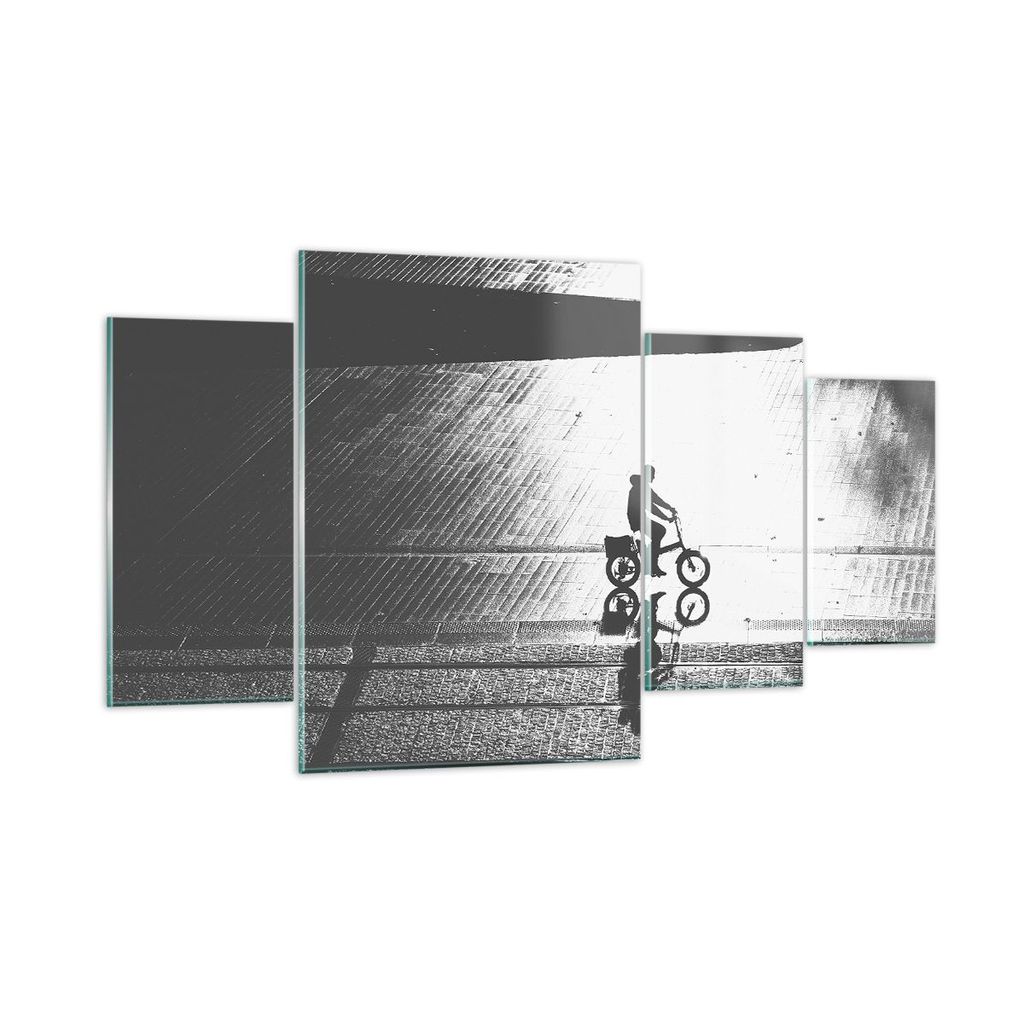 Bilder auf glas - 4 Teile - Schwarzweiß Radfahrer Einsamkeit - 160x90cm - Glasbilder - Wandbilder - Bilder - Wanddekoration aus Glas - Glas Bilder...
