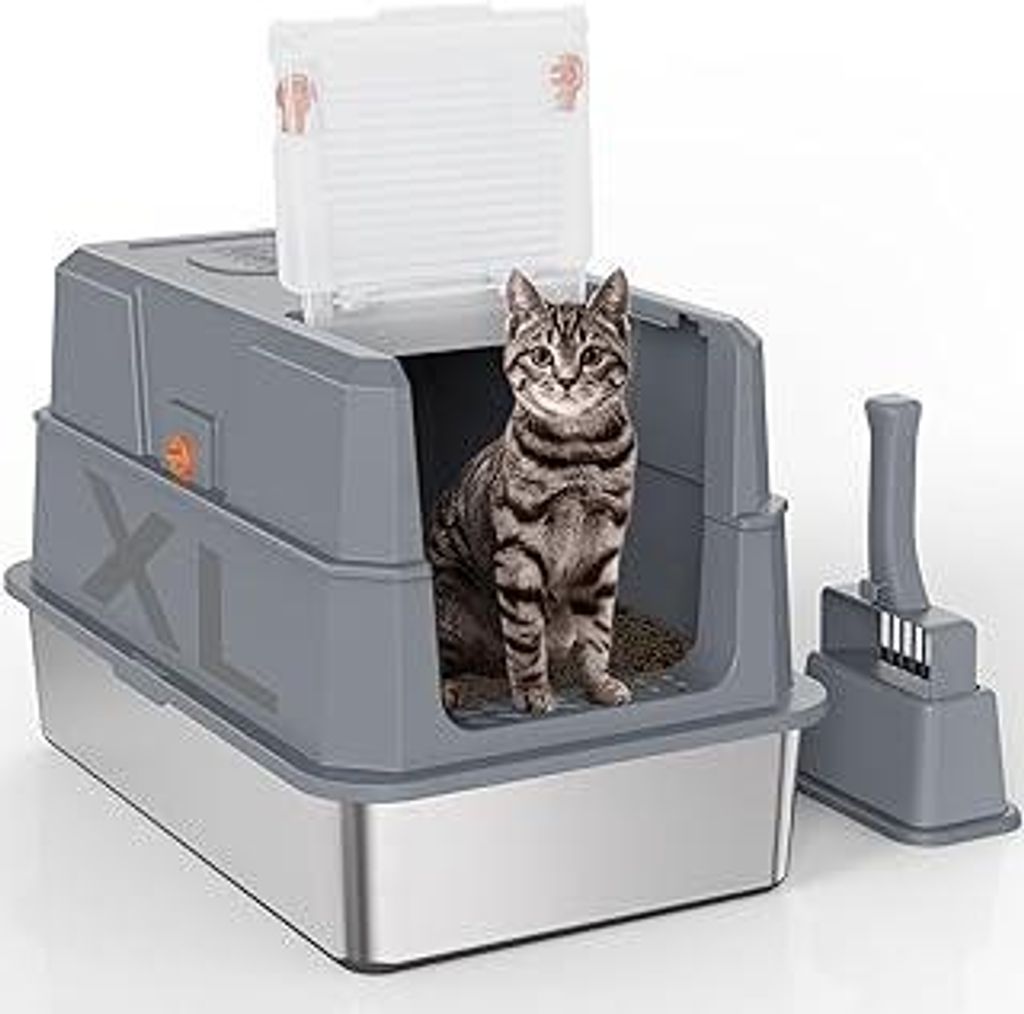 SZEE XL Edelsthal Katzenklo mit 180° Klappdeckel, Große Geschlossene Katzentoilette Edelstahl mit Deckel, Stainless Steel Cat Litter Box with Sco...