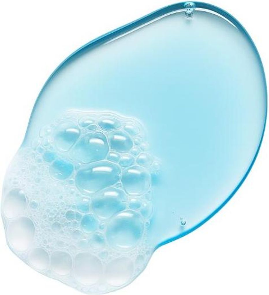 A close-up of a blue liquid with bubbles, likely a cosmetic or cleaning product.