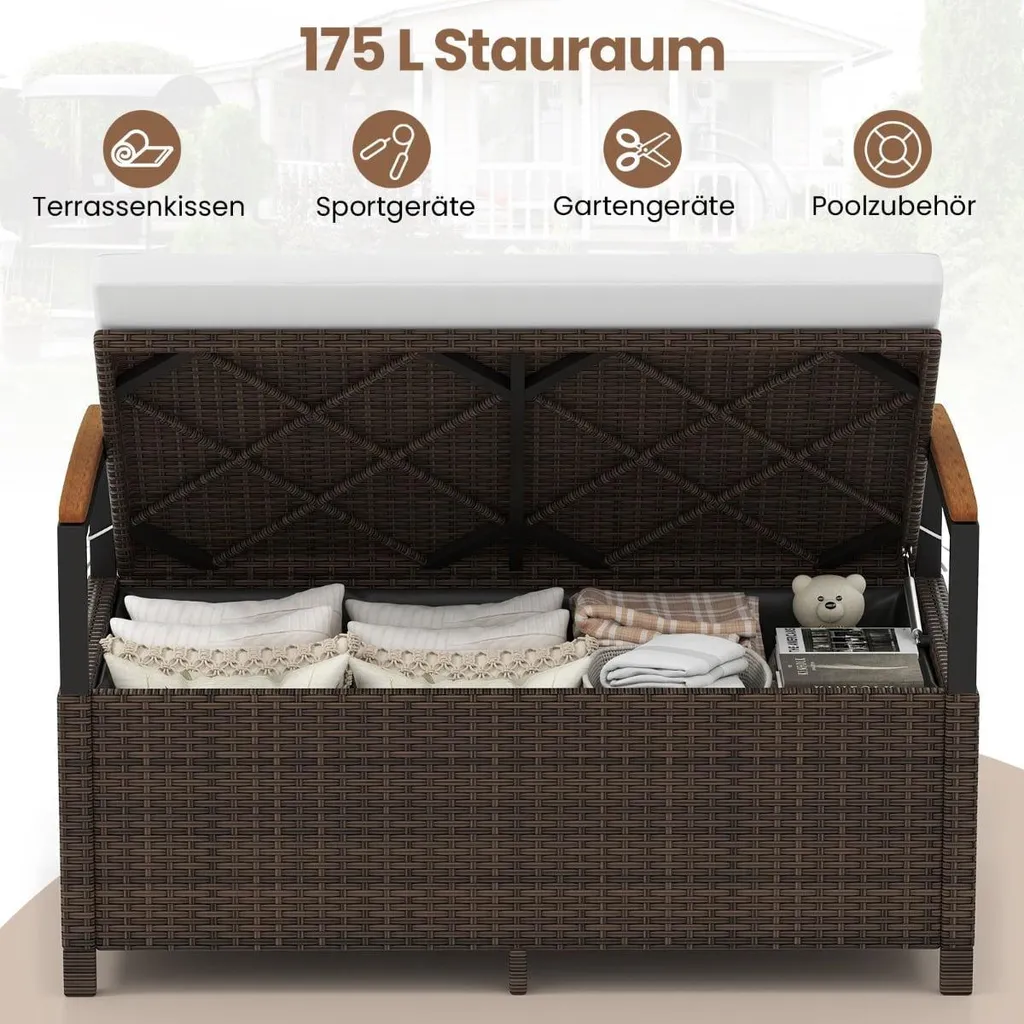 Banc d'extérieur en polyrotin blanc avec rangement et coussin - L120cm