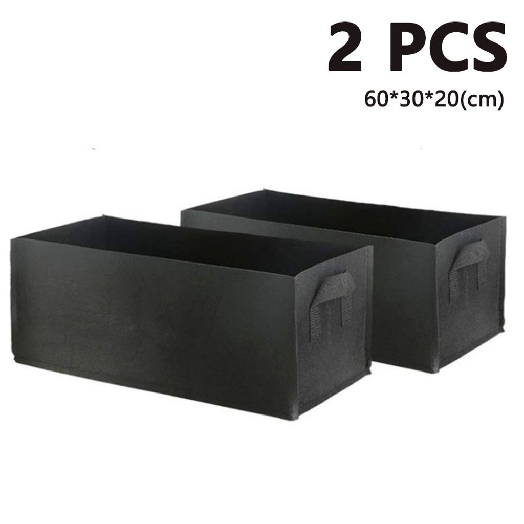 Two black fabric grow bags are shown on a white background. Text indicating '2 PCS' and dimensions is displayed.
