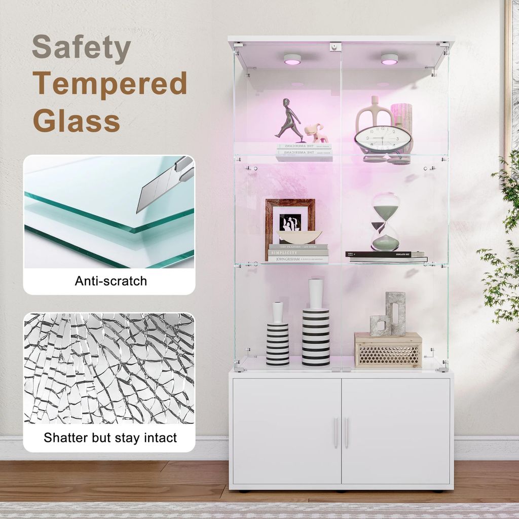 Glas-Vitrine - Sammlervitrine - 4 Ebenen - 2 abschließbare Türen - Holzrahmen - Lampenbeleuchtung - Schwarz