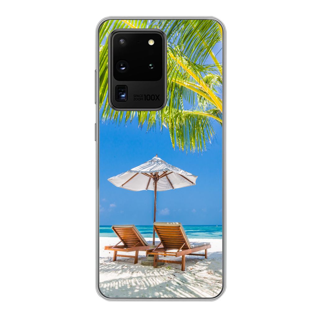 MuchoWow Handyhülle Schutzhülle Hülle für Samsung Galaxy S20 Ultra Palme - Strandkorb - Sonnenschirm Silikon Softcase Handy Hülle - Kartenin...