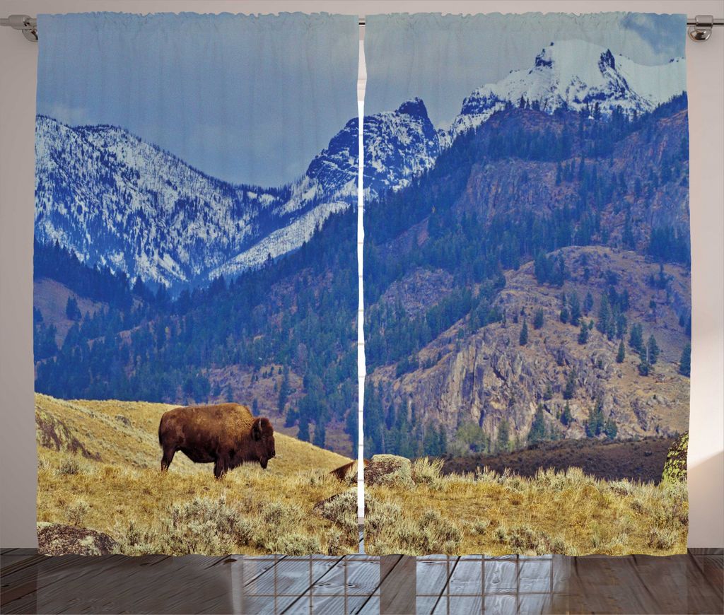ABAKUHAUS Wyoming Rustikaler Gardine, Bison und Snowy Mountains, Schlafzimmer Kräuselband Vorhang mit Schlaufen und Haken, 280 x 245 cm, Mehrfarbig