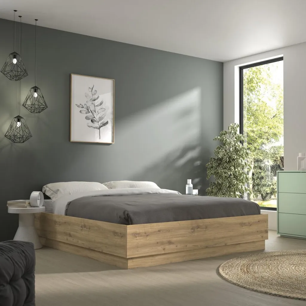 CALICOSY Lit Coffre 140x190 cm TIDY - Structure Décor Chêne avec Sommier