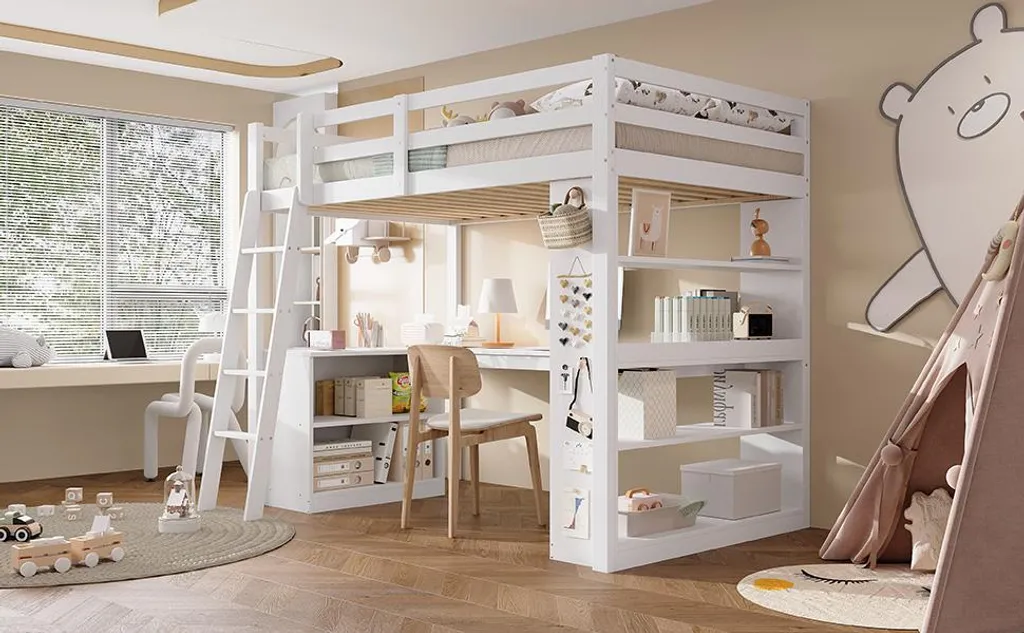 Chambre d'enfant rangée : lit surélevé sécurisé 90x200cm blanc