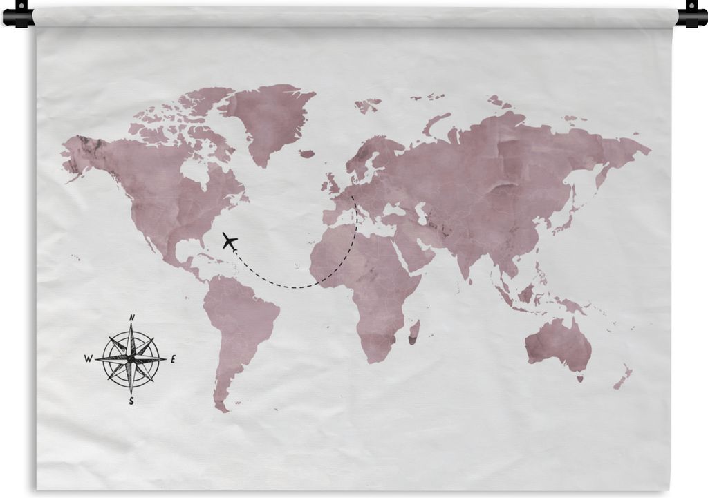 MuchoWow Wandteppich Wandbehang Weltkarte - Rosa - Flugzeug 150x112 cm Tapisserie Dekoration Wandtuch - Wanddecke - Wandteppiche