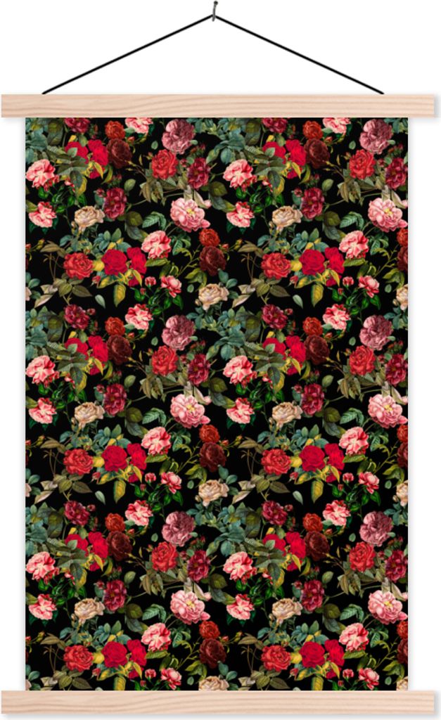 MuchoWow Textilposter Blumen - Rot - Rosen 120x180 cm mit holzfarbenen Rahmen - Textil-Plakat
