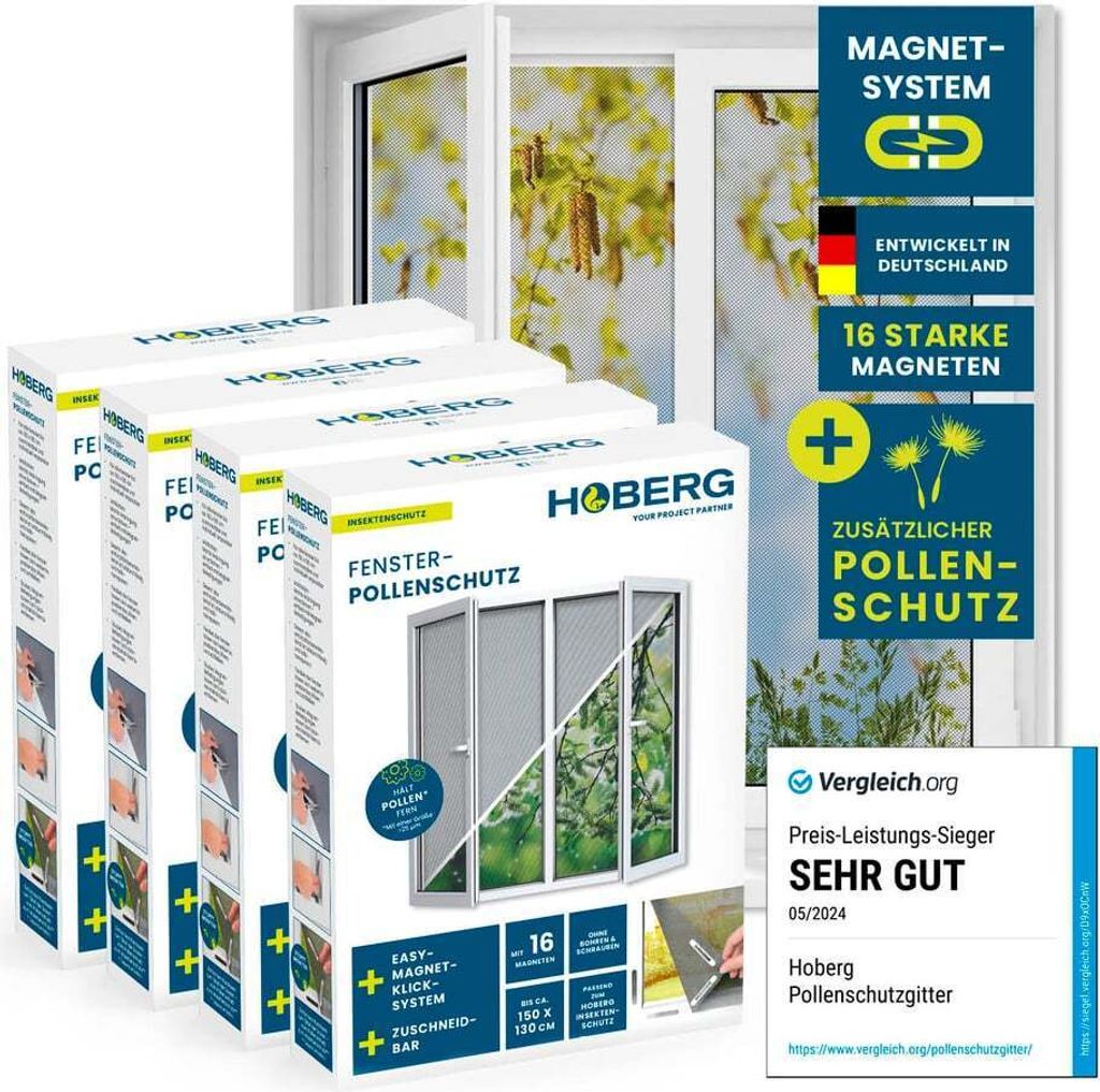 Collage showing Hoberg pollen protection window screens and packaging with marketing information.