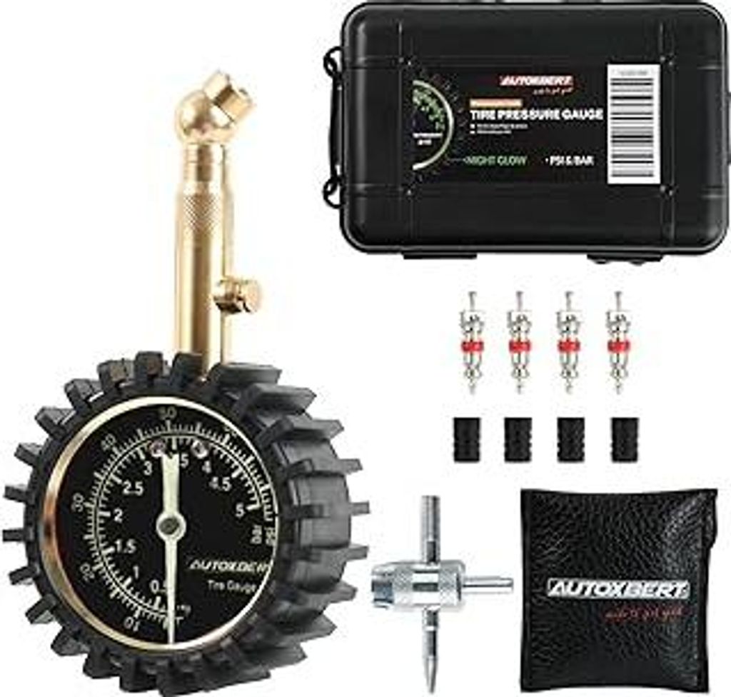 Reifendruckprüfer 75PSI 5Bar ANSI B40.1 Genau Mechanischer Reifendruckmesser mit 4-in-1-Werkzeug, mehrere Ventileinsätze & Ventilkappen für Fah...