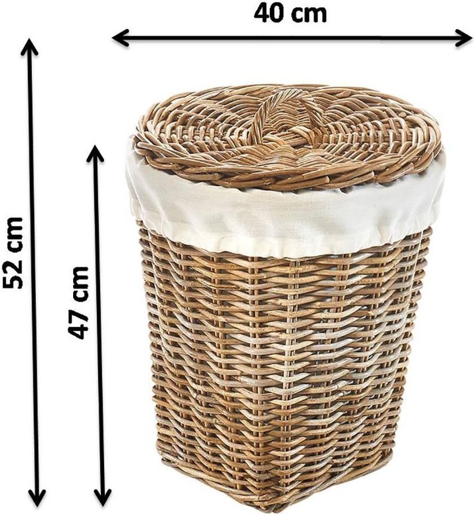 A wicker laundry basket with a fabric liner and lid, shown with dimensions indicated by measurement lines and text.