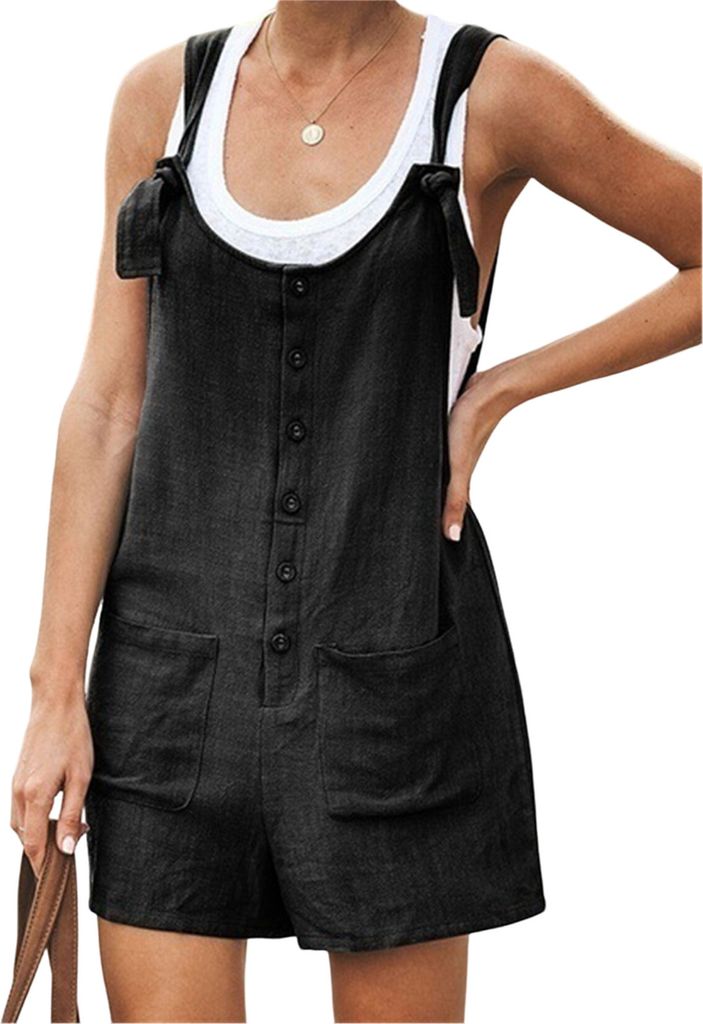 ASKSA Damen Kurz Jumpsuit Sommer Playsuit Kurz Romper Shorts Latzhose Frauen Overalls mit Taschen, Schwarz, Groesse: 5XL