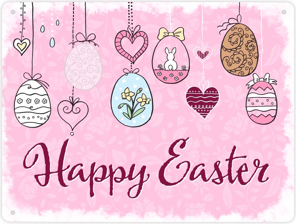 Happy Easter Ostern Metallschild XL in 21x28 cm mit Ostereier-Motiv in rosa