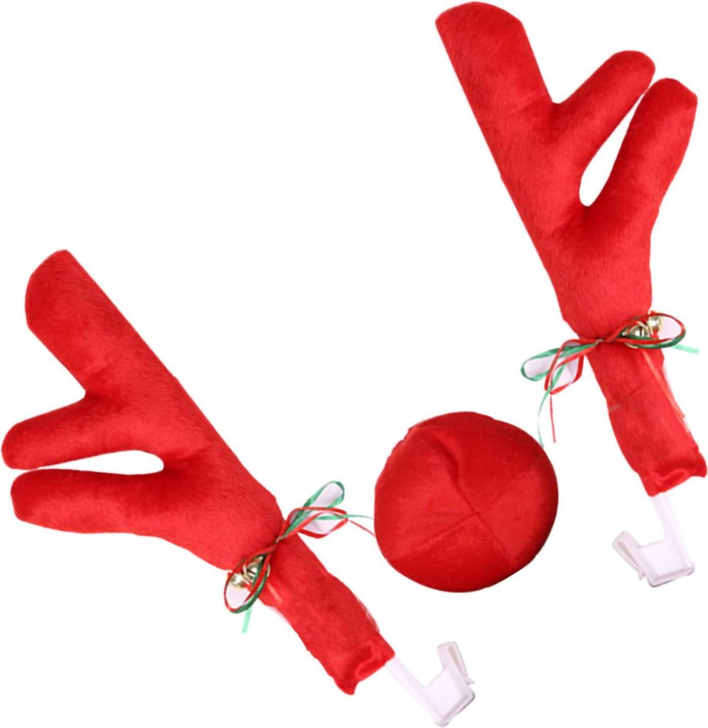 Auto-Rentier-Geweih-Nasen-Set, süß, lustig, mit Glöckchen für Weihnachtsdekoration, Rot