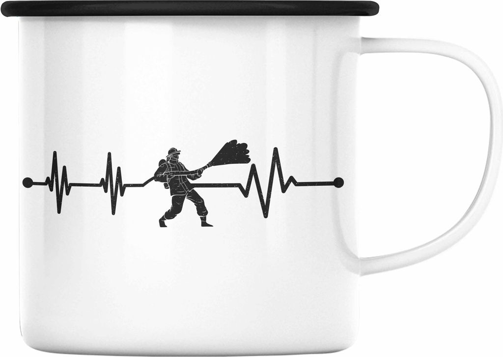 Trendation - Feuerwehr Herzschlag Geschenk Emaille Tasse Feuerwehrmann Geschenkidee Lustig Männer (Schwarz)