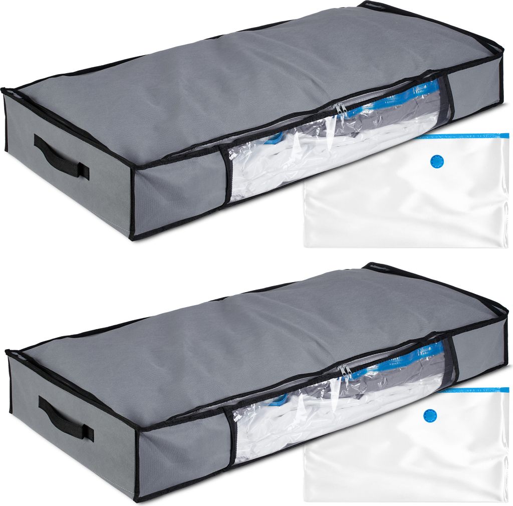 Relaxdays Unterbettkommode Vakuum 2er Set HBT 15x100x45 cm, Kleidung, Bettwäsche, Aufbewahrungstasche Vakuumbeutel, grau