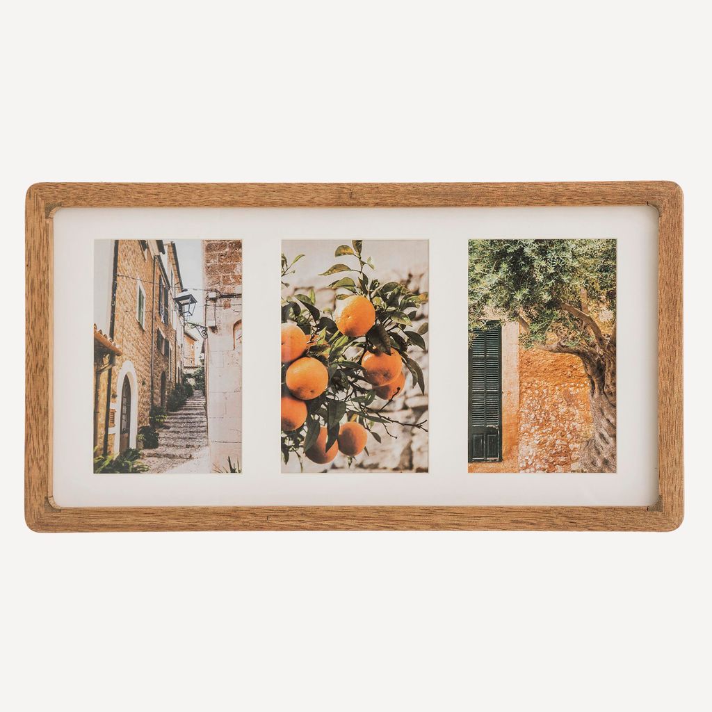 A triple photo frame with images of a European street, oranges on a tree, and a stone building with a tree.
