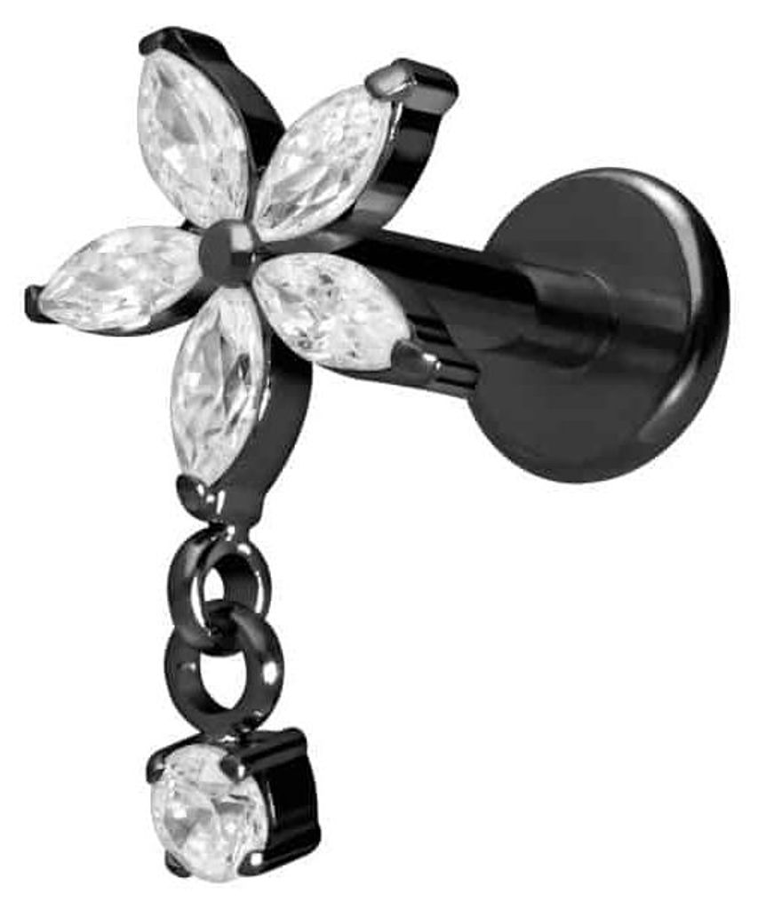 Ohrpiercing, Nasenpiercing Titan Labret mit Innengewinde KRISTALLBLUME + KRISTALL Schwarz Stablänge: 8mm | Stabstärke: 1,6mm
