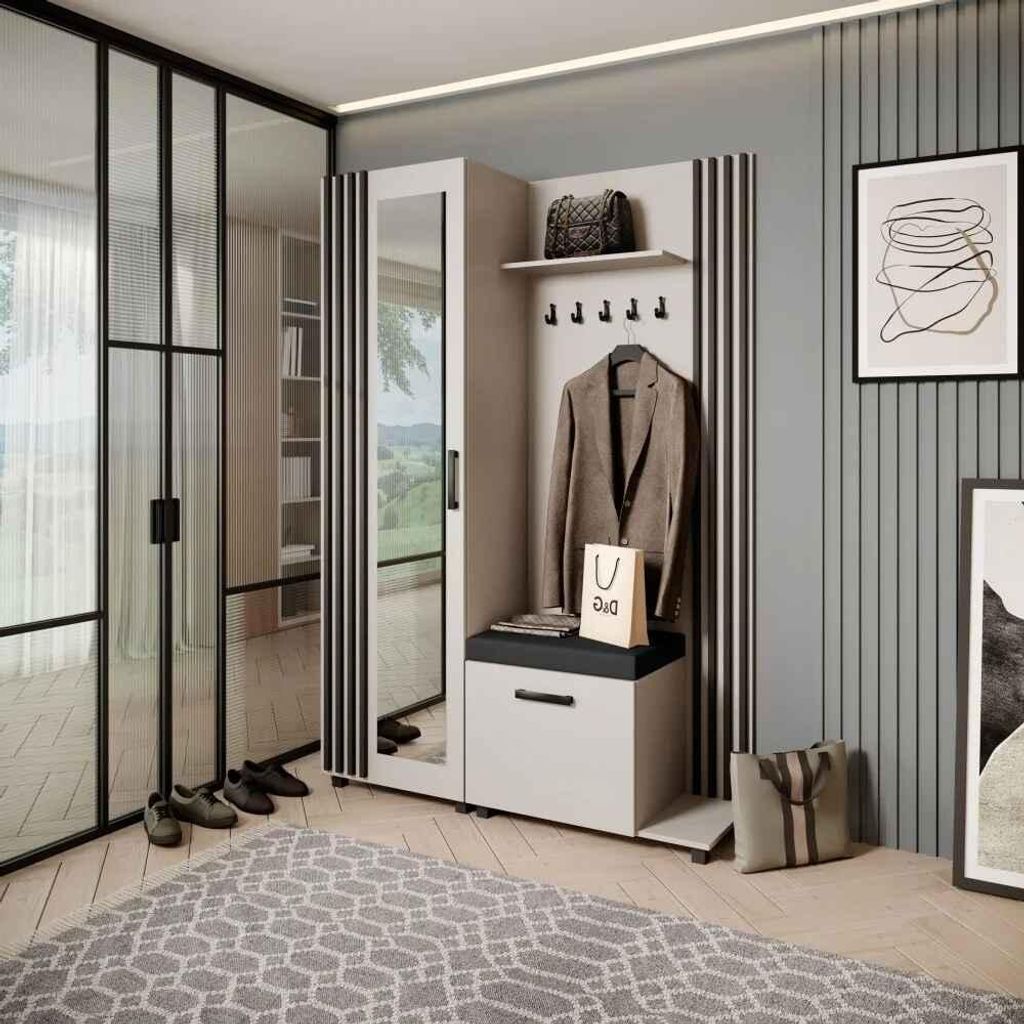 Garderobenschrank LIVIA – Garderoben-Set mit Spiegel und Aufhängern, Kaschmir, Lamellen in Schwarz, Sitzkissen in Schwarz, Rechts