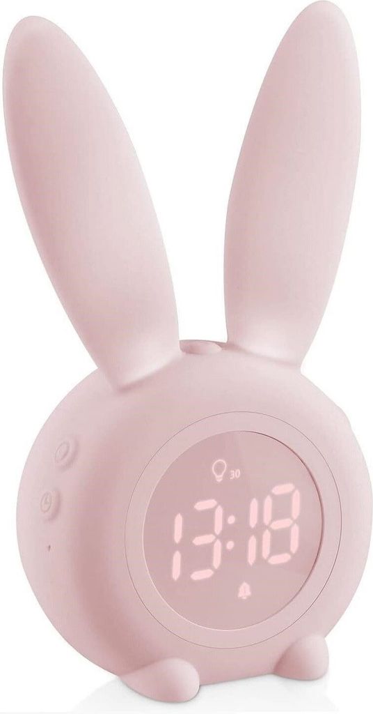 A pink bunny-shaped alarm clock with a digital display showing the time.