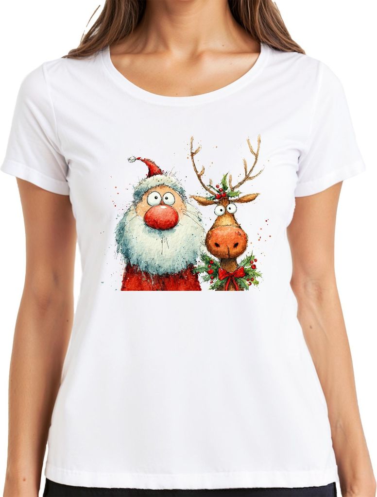 Lustiger Weihnachtsmann und Rentier Aquarell Weihnachten Geschenk Damen T-Shirt, Weiß, XXL