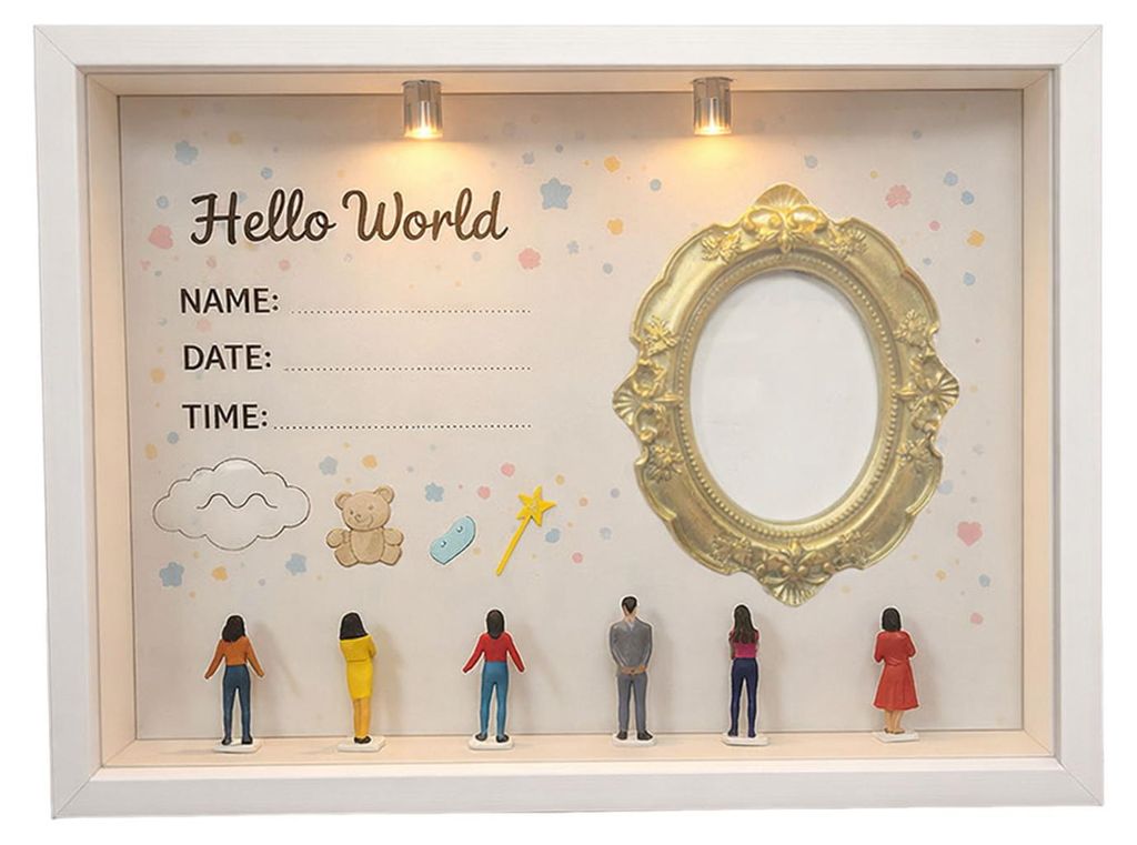 DIY Mini-Museums-Silhouette-Box mit beleuchtetem Foto-Display-Rahmen-Set, inklusive Mini-Goldrahmen und Figuren – Erinnerungsstück für Neugeborene