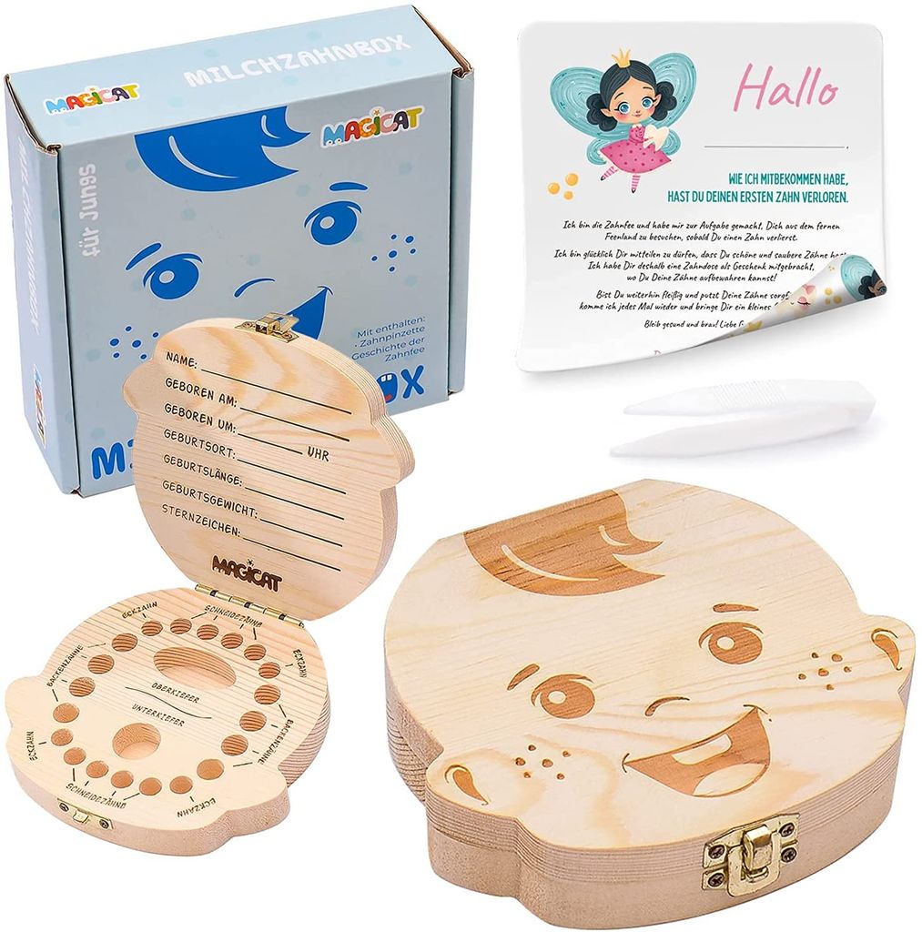 2x Holz Milchzahndose Kinder Zahndose Box Baby Mädchen Junge Milchzahne Geschenk 
