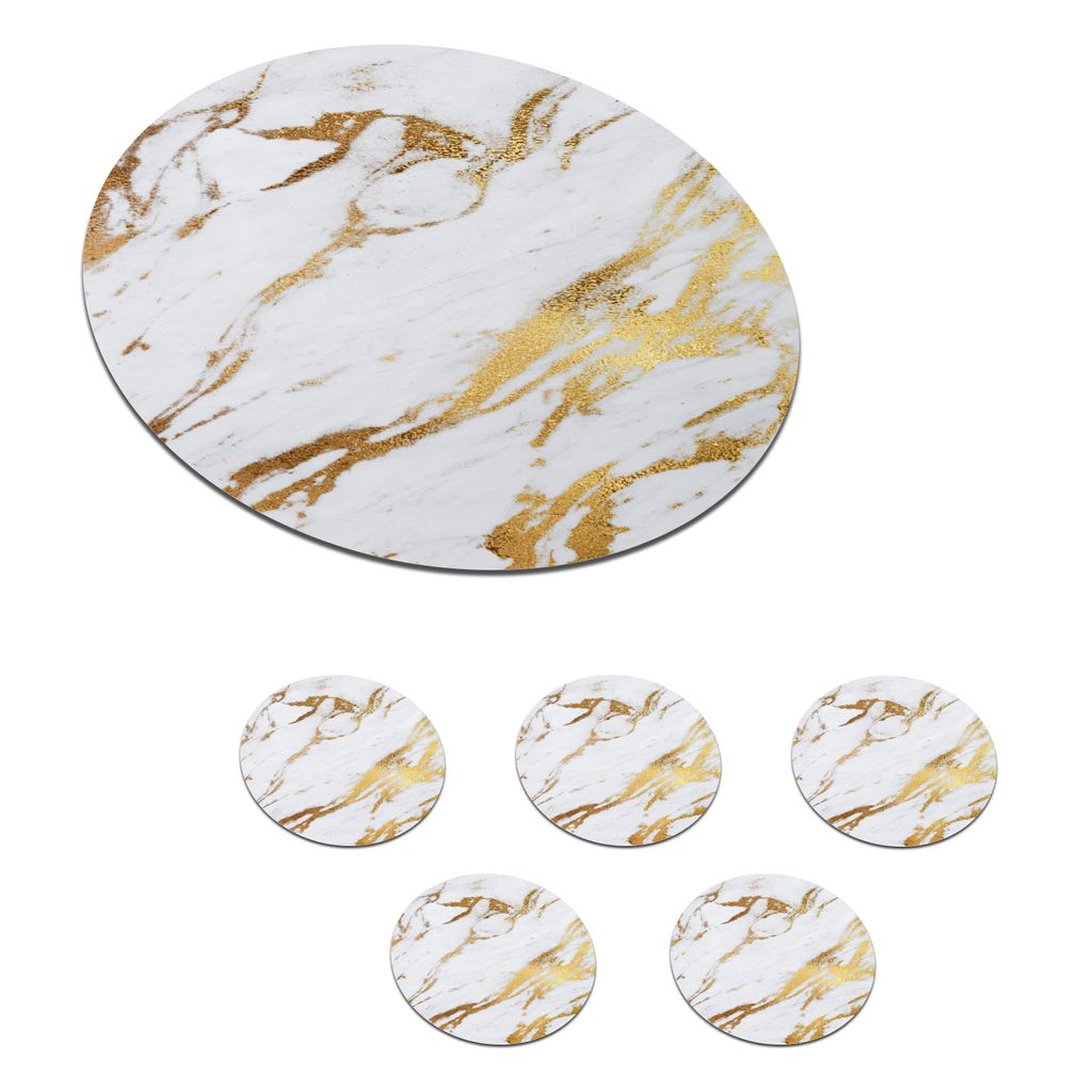 KitchenYeah Glasuntersetzer Rund 6er Set Marmor - Gold - Weiß - Chic 10x10 cm Untersetzer für Gläser - Getränkeuntersetzer - Tischplattenschu...