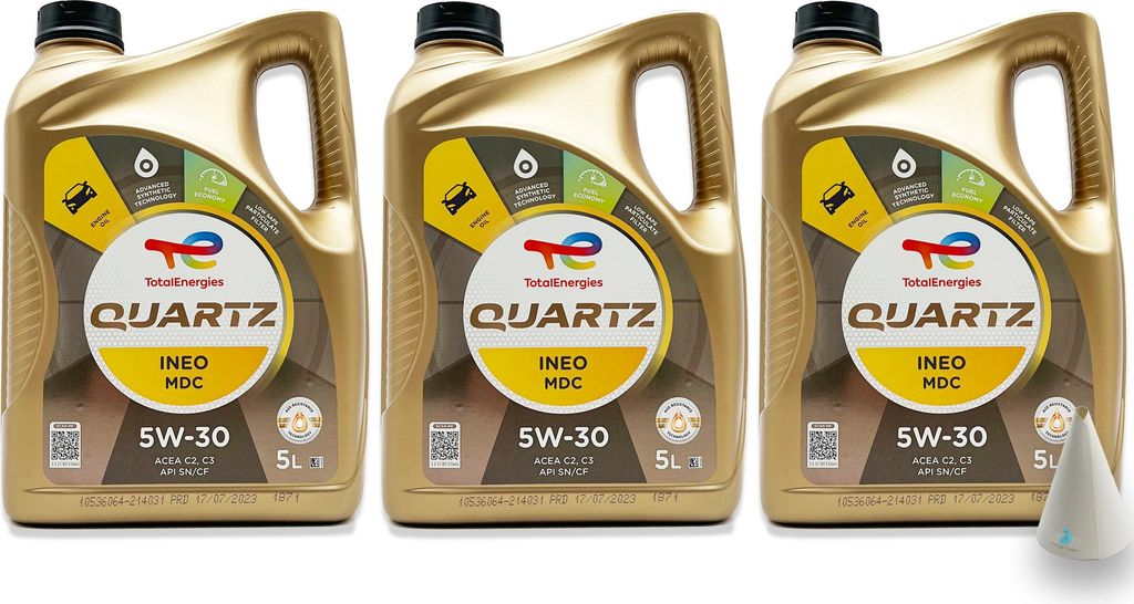 Total Quartz Ineo MDC | 5W-30 | 15 L | MB 229.52 | GM Dexos2 | Opel | Motoröl | mit Trichter