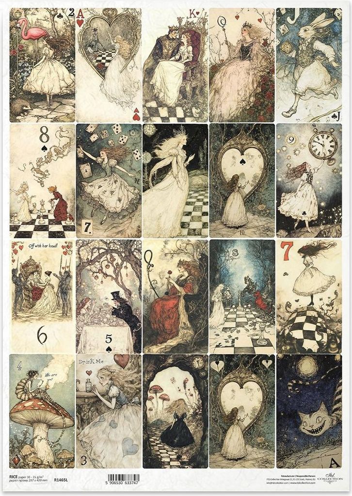 Reispapier für Decoupage A3 - Herzkönigin, Schach, Alice, Karten, Katze - R1465L - Itd Collection