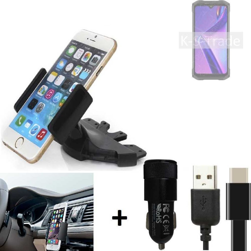 K-S-Trade CD Schlitz Handy-Halterung kompatibel mit Doogee S98 Pro Autohalterung KFZ-Halter Radio Handy Halterung 360° drehbar CD-Schacht inkl. USB-C
