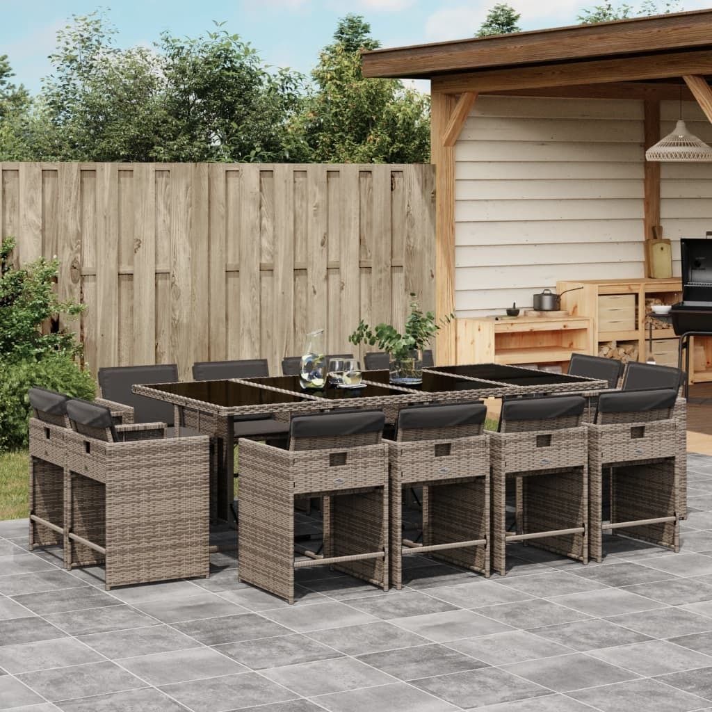 Maison Exclusive - 13-tlg. Garten-Essgruppe mit Kissen Grau Poly Rattan
