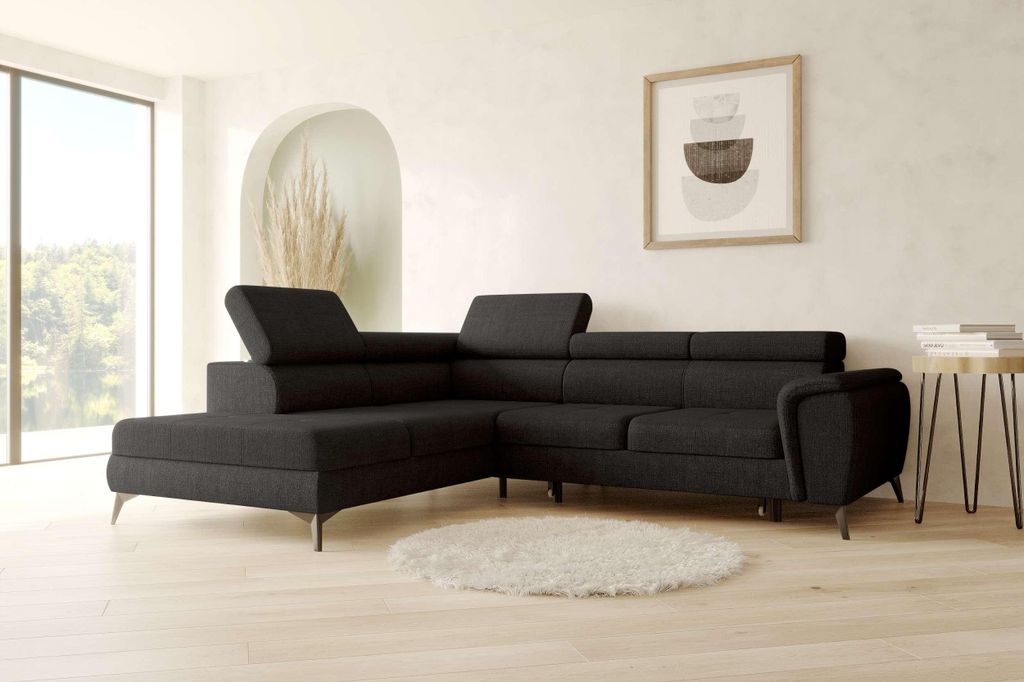 99rooms Parma Ecksofa Velours VOGUE Schwarz Links mit Schlaffunktion und Stauraum