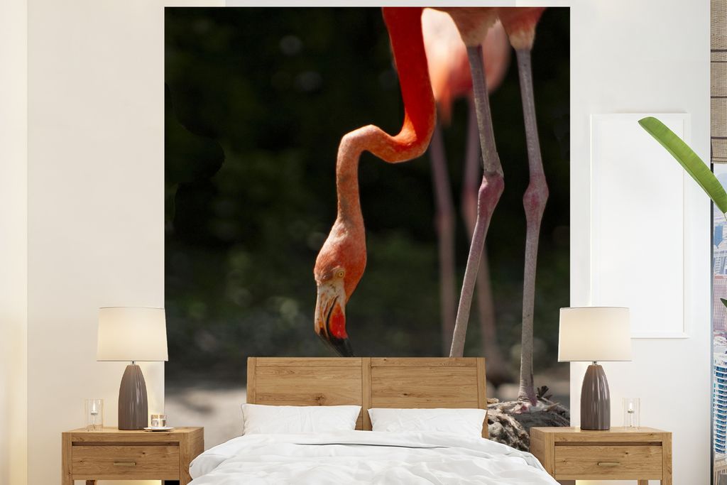 MuchoWow Fototapete für Wohnzimmer oder Schlafzimmer Wandtapete Vinyl Motivtapete Flamingo füttert sein Küken - 180x220 cm - Tapezierpapier