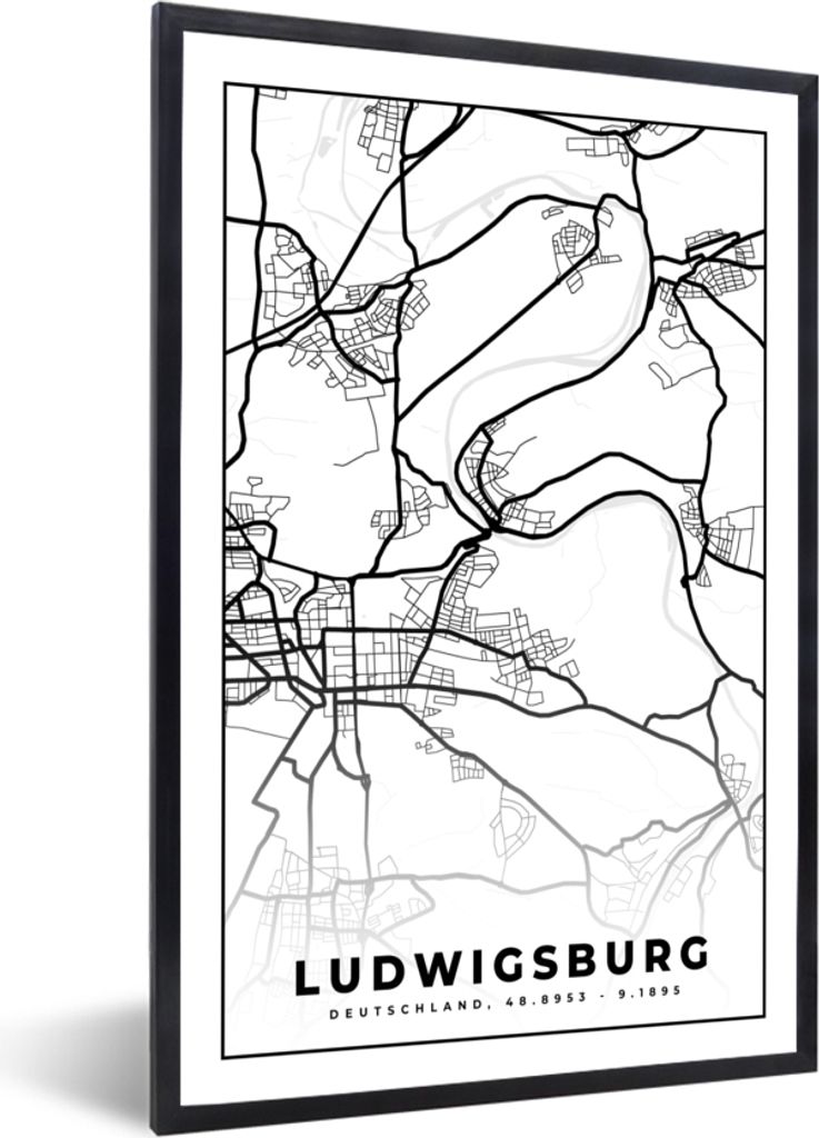 MuchoWow Gerahmtes Poster Stadtplan - Ludwigsburg - Karte 40x60 cm - Poster mit Schwarzem Bilderrahmen Wandposter Rahmen Foto Bilder - Papierdruc...