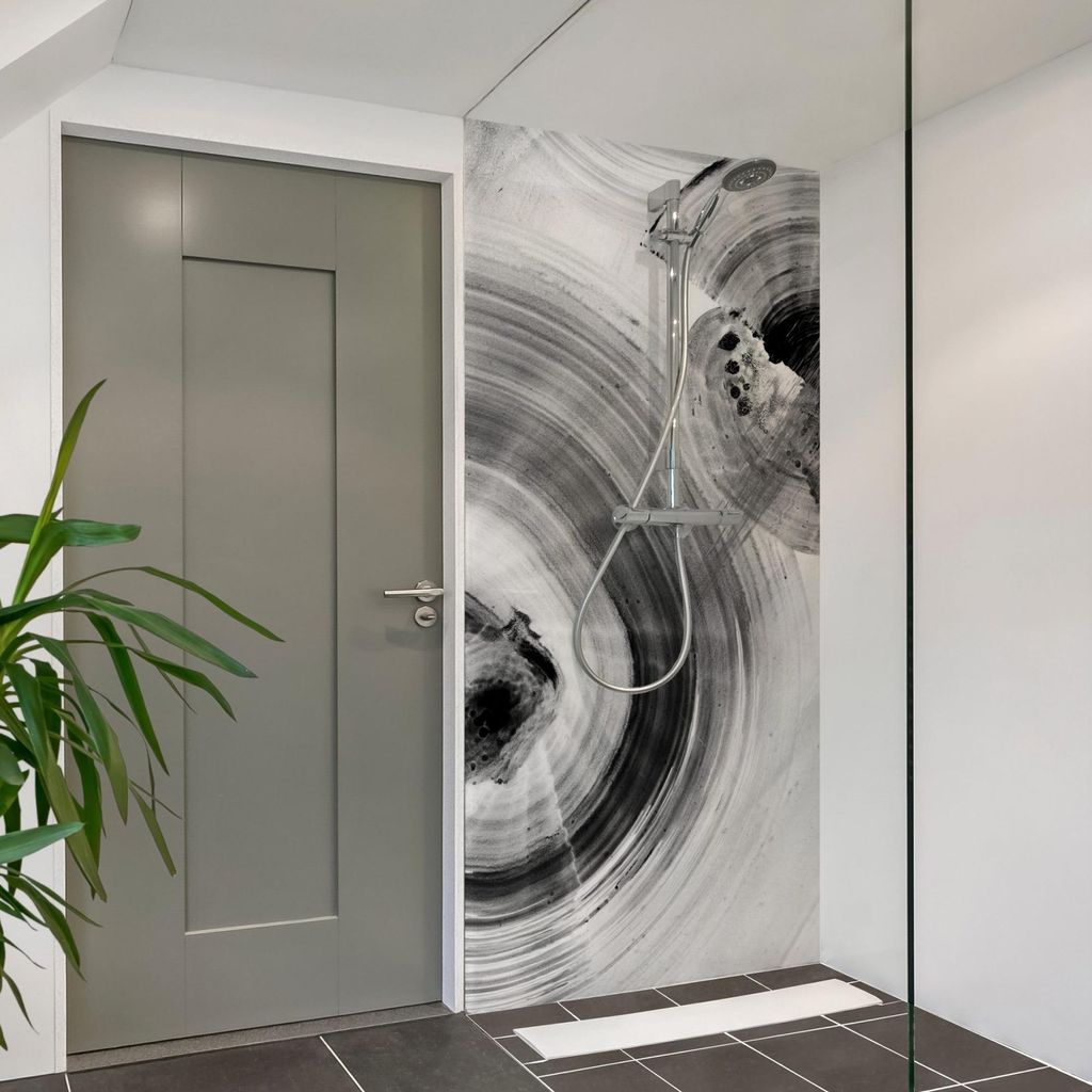 Duschrückwand originell selbstklebend - 0.61 mm Wandpaneel wasserfest Design schwarz weiss Abstrakt Badrückwand fugenlos Premium matt 90x200 cm