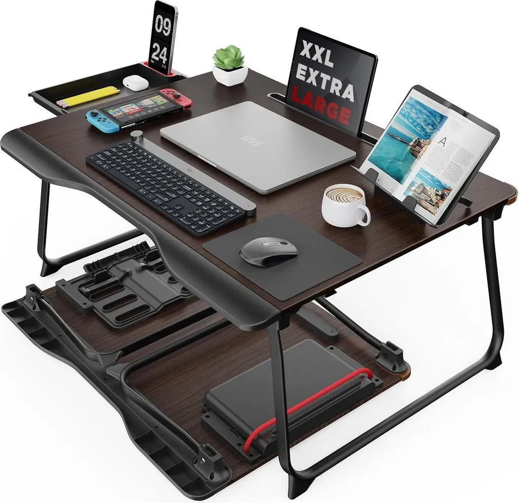 Table de Lit Pliable XXL Noire avec Tiroir Intégré et Repose-mains Pro