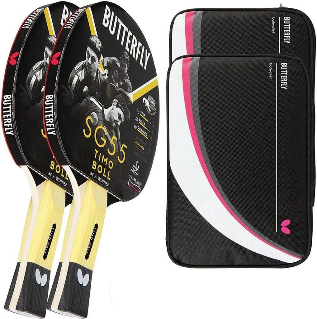 Butterfly 2x Timo Boll SG55 Tischtennisschläger + 2x Tischtennishülle Drive Case II