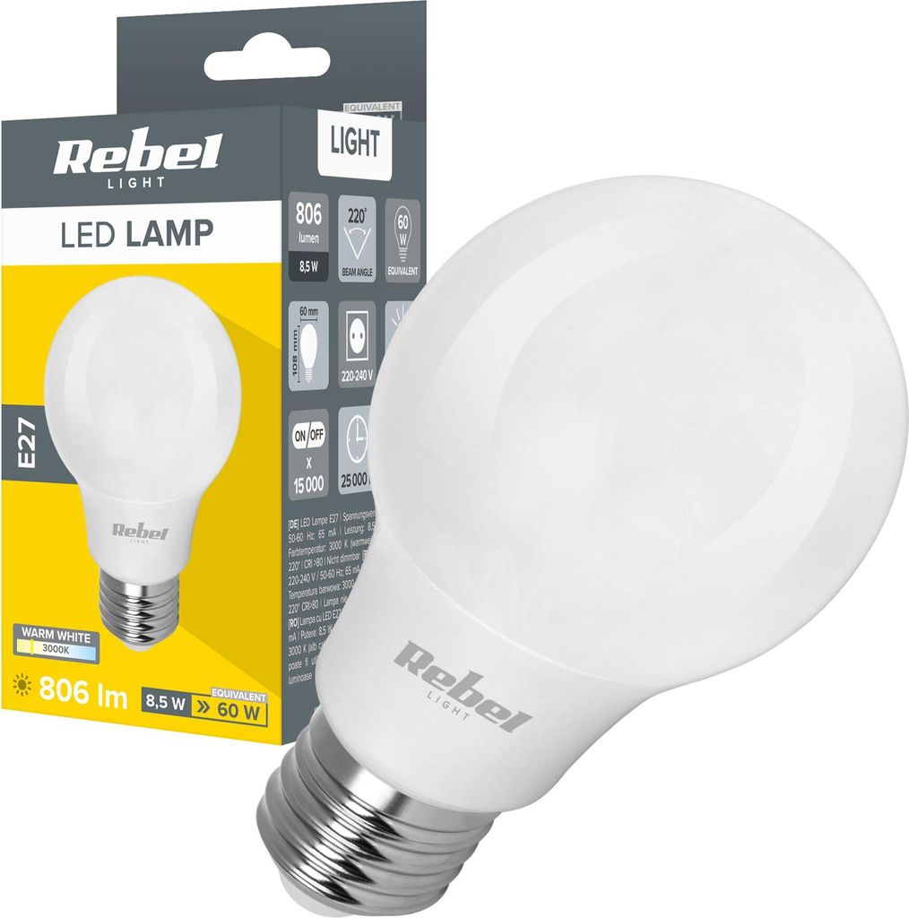 LED-Lampe 8,5W E27 A60 806lm 3000K Rebel