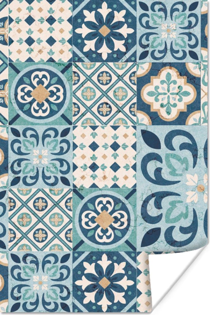 MuchoWow Poster Blumen - Blau - Design - Fliese 40x60 cm - Plakate für die Wand - Poster Babyzimmer