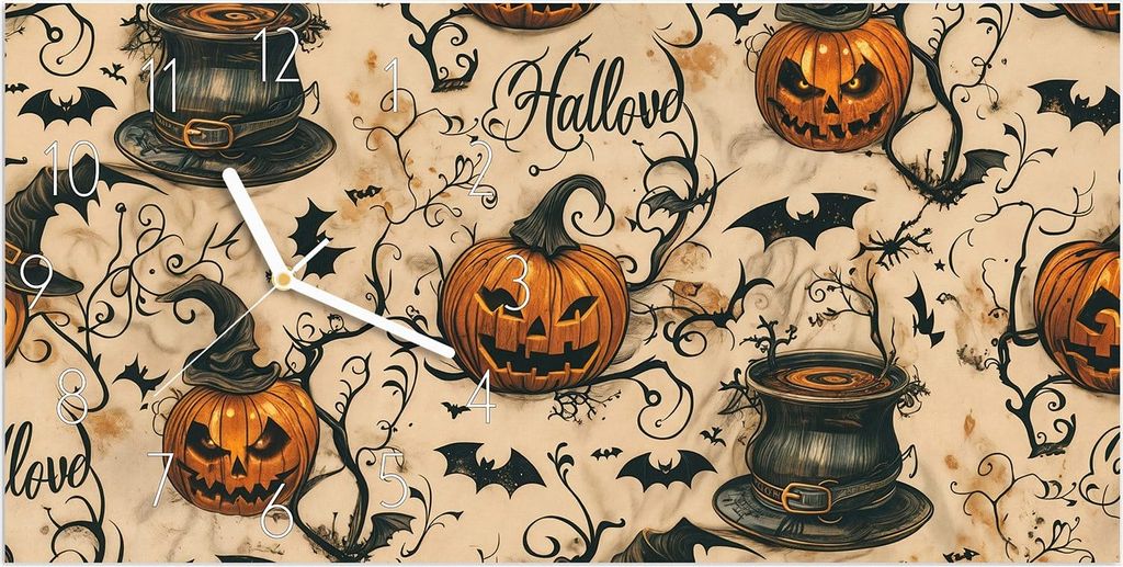 Wanduhr aus Glas mit Motiv Halloween Kürbisse- 60 x 30 cm - inkl. Aufhängesystem