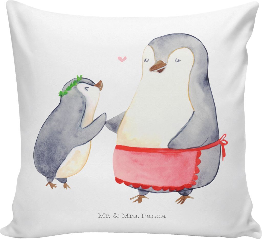 Mr. & Mrs. Panda Deko Kissen Pinguin mit Kind - Weiß - Geschenk, Vorbild Mama, Dekokissen, Zierkissen, Tochter, Muttertag, 40x40, Kuschelkissen, B...