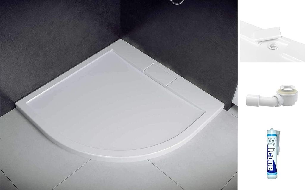 ECOLAM Duschwanne Duschtasse flach bodengleich Axim Viertelkreis 80x80 x4,5 x 2,5 cm R55 Acryl weiß Siphon Silikon