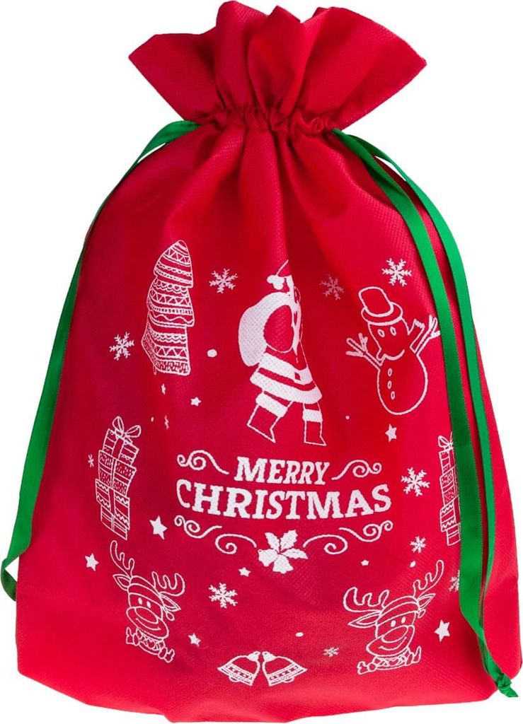 A red Christmas gift bag with white Christmas-themed illustrations and text.