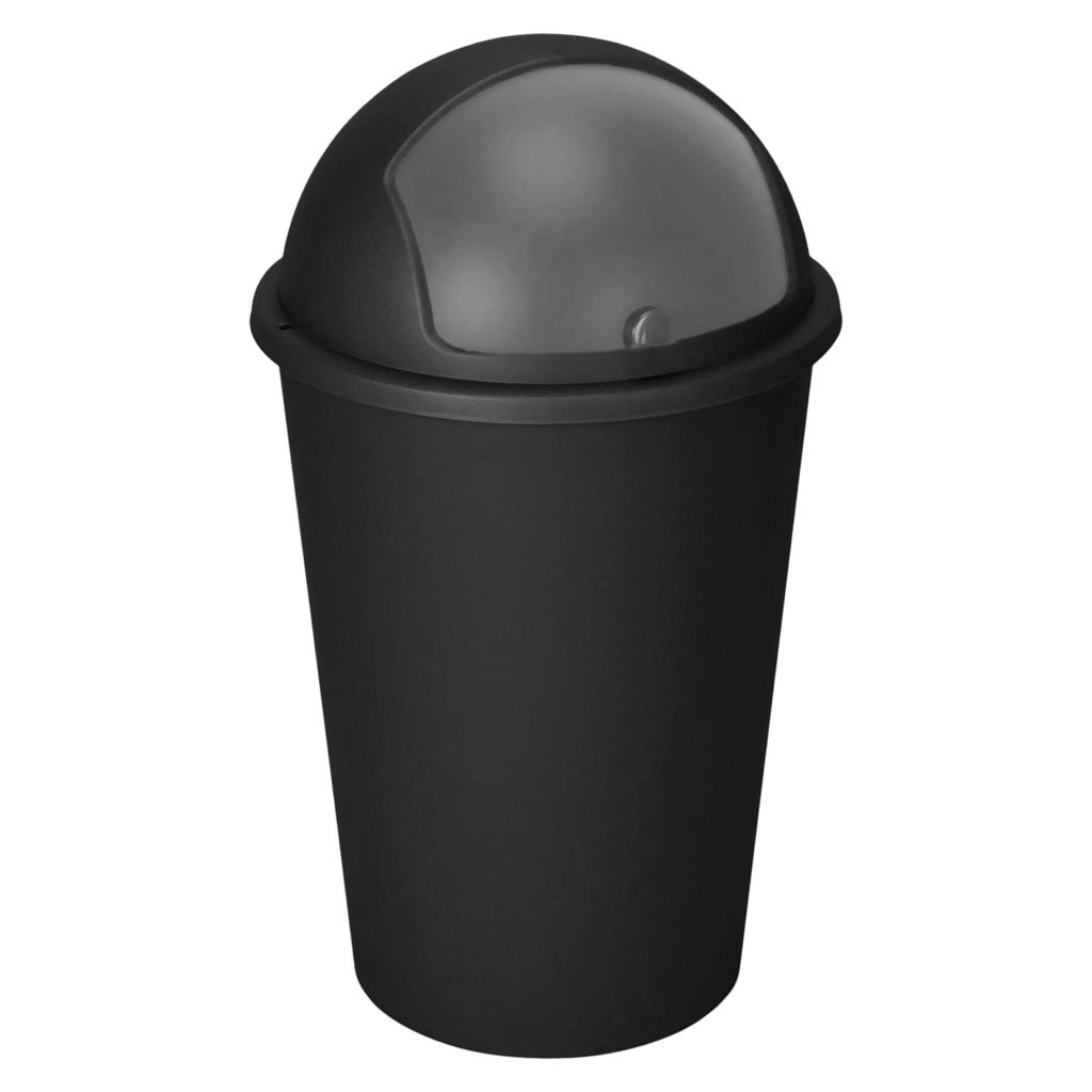 A black trash can with a dome lid.