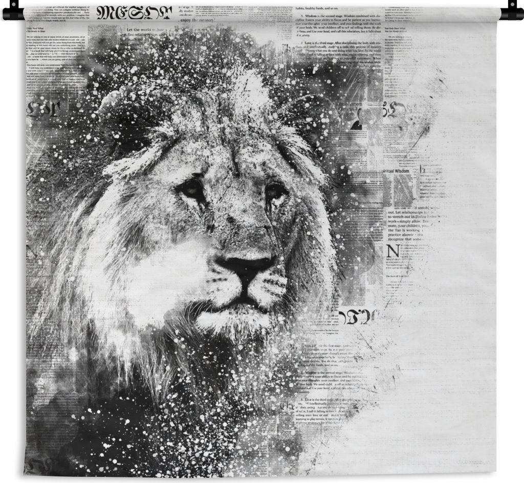 MuchoWow Wandteppich Wandbehang Löwe - Zeitung - Schwarz - Weiß 150x150 cm Tapisserie Dekoration Wandtuch - Wohnaccessoires - Modernes